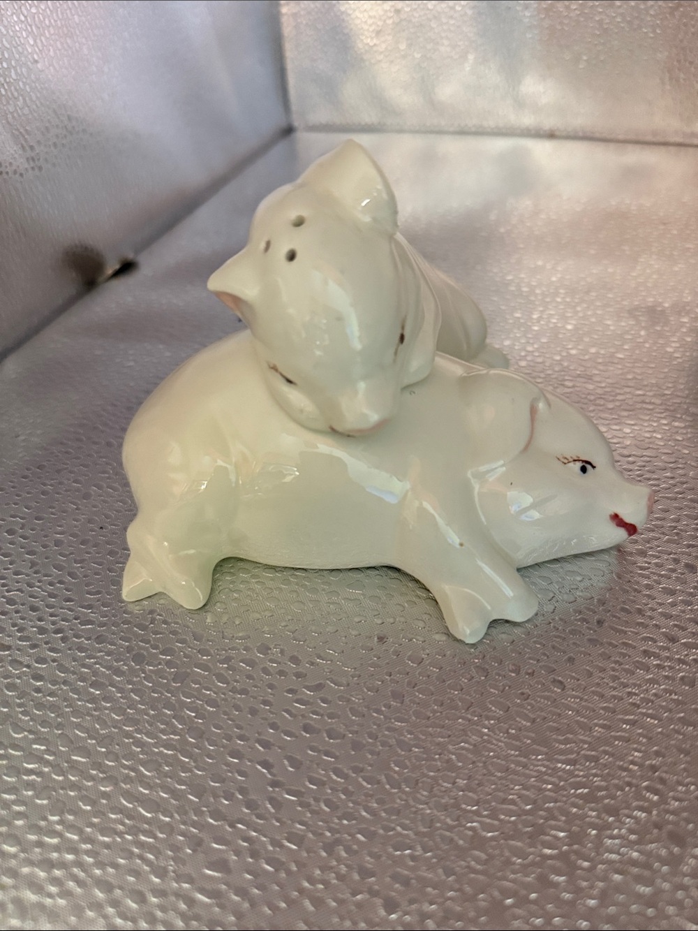 Vintage Ceramic Hugging Pig Salt and Pepper Shakers - Hand Painted White